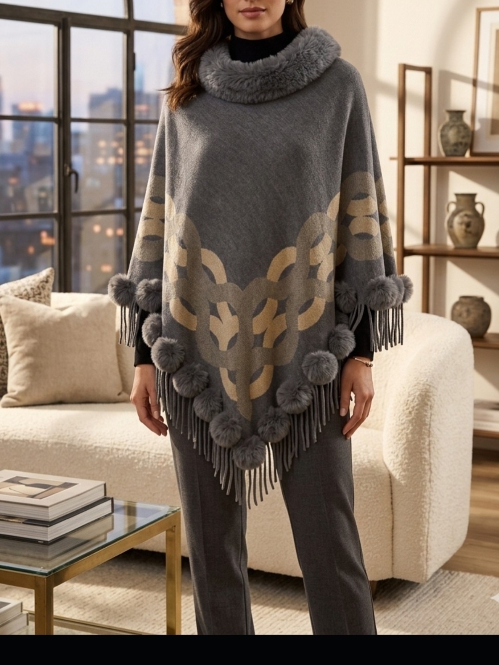 Cozy Gray Faux-Fur Trim Poncho with Cream Chain Detail